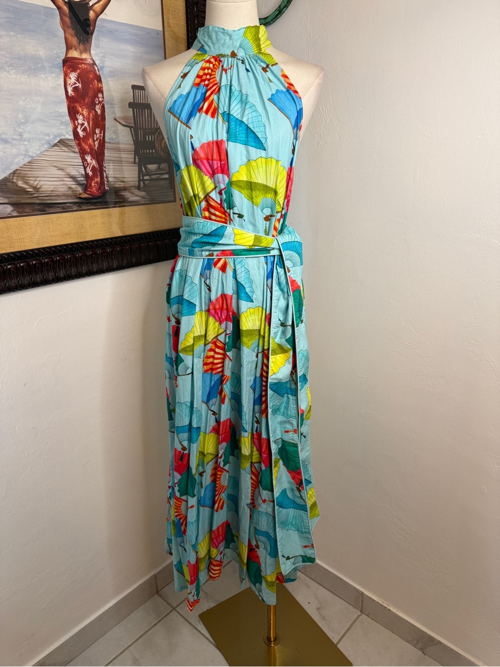 Holly Shae Design 100% Cotton Fan Print Halter Midi Dress S/M Blue Belted Resort